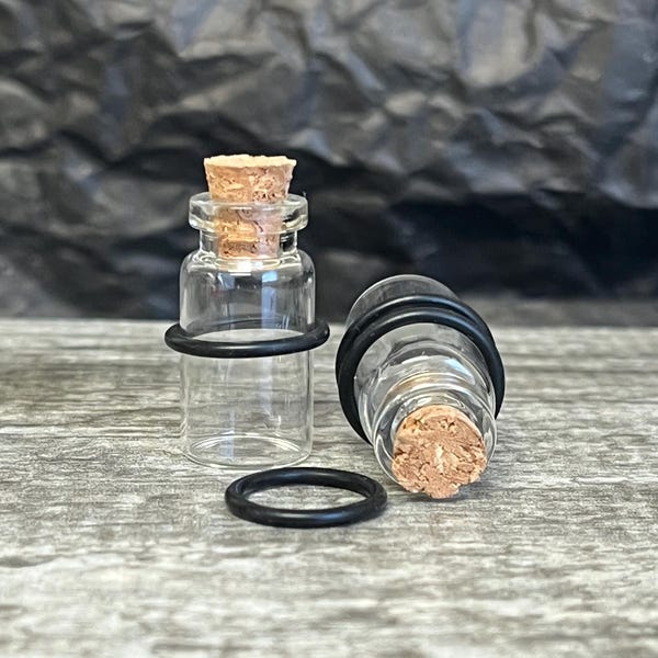 PAIR of Unique Clear Glass Corked Bottle Tunnels/Plugs with O-Rings - Gauges 00g (10mm) thru 5/8" (16mm) available!