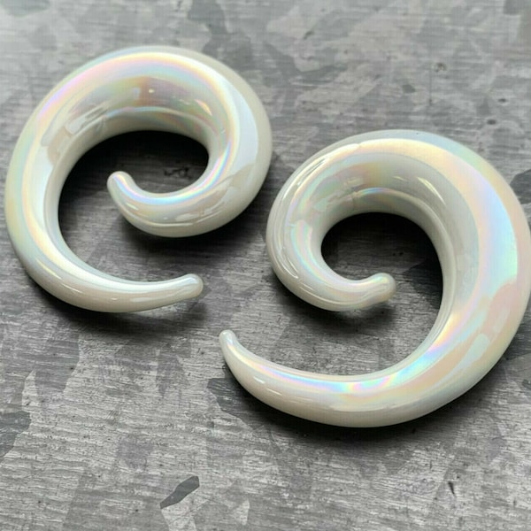 PAIR of Stunning White Lucifer Glass Spiral Tapers Plugs - Expanders - Gauges 6g (4mm) thru 00g (10mm) available!