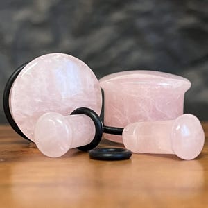 PAIR Single Flare Organic Rose Quartz Stone Plugs - Gauges 4g thru 5/8" (16mm) Earlets Body Jewelry