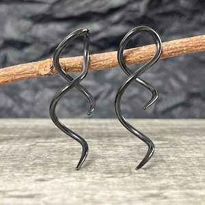 May include: A pair of dark gray, spiral-shaped earrings. The earrings have a smooth, metallic finish and a curved design. They are displayed against a neutral background, with a wooden branch in the background.