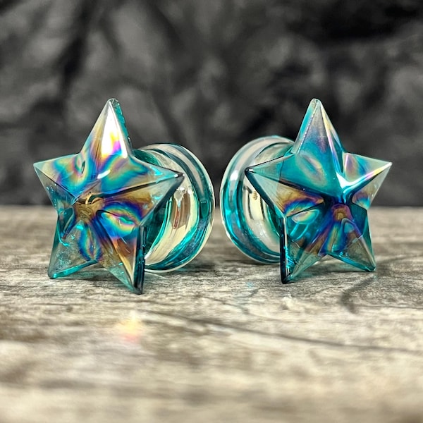 PAR de tapones de cristal Aqua Star de doble acampanado para dilataciones, piercings corporales.