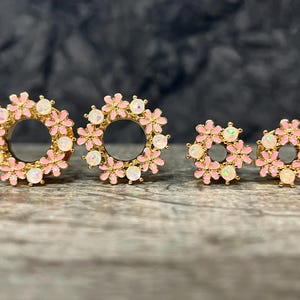 PAIR of Stunning Opal Glitter & Enamel Flowers Gold Steel Screw Fit Tunnels/Plugs