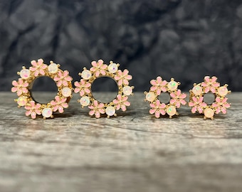 PAIR of Stunning Opal Glitter & Enamel Flowers Gold Steel Screw Fit Tunnels/Plugs