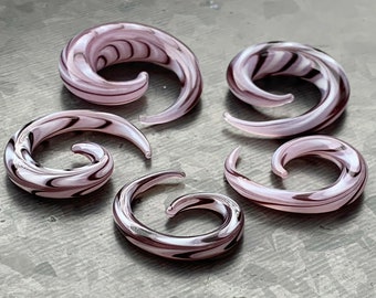 PAIR of Stunning Purple & White Swirl Glass Spiral Tapers - Gauges 6g (4mm) thru 00" (10mm) available!