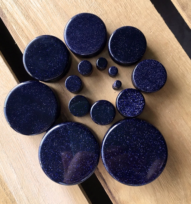 Gauges 8g 3mm available! 38mm PAIR of Blue Midnight Goldstone Stone Plugs Sandstone up to 1/&12