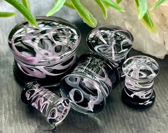 PAIR of Purple Swirling Smoke Style Pyrex Glass Double Flare Plugs - Gauges 2g (6mm) through 1" (25mm) available!
