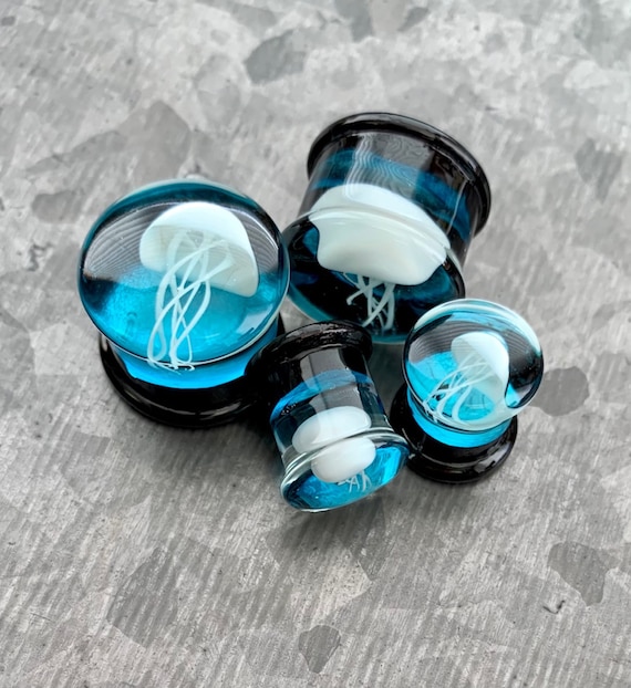 PAIR of Unique Jellyfish Design Pyrex Glass Double Flare Plugs - Gauges 0g (8mm) through 5/8&quot; (16mm) available!