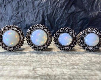 PAIR Flower w/ Opalite Center Steel Screw Fit Tunnels Gauges Plugs Body Jewelry