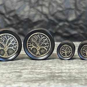 PAIR of Beautiful Organic Ebony Wood Plugs with Tree of Life Top Saddle Plugs - Gauges 2g (6mm) up to 1" (25mm) available!