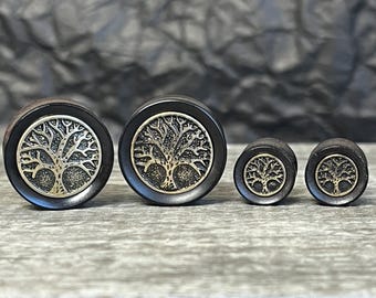 PAIR of Beautiful Organic Ebony Wood Plugs with Tree of Life Top Saddle Plugs - Gauges 2g (6mm) up to 1" (25mm) available!