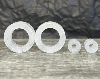 PAIR of Beautiful Clear Quartz Stone Tunnels Organic Stone Double Flare Plugs - Gauges 2g (6.5mm) thru 1" (25mm) available!