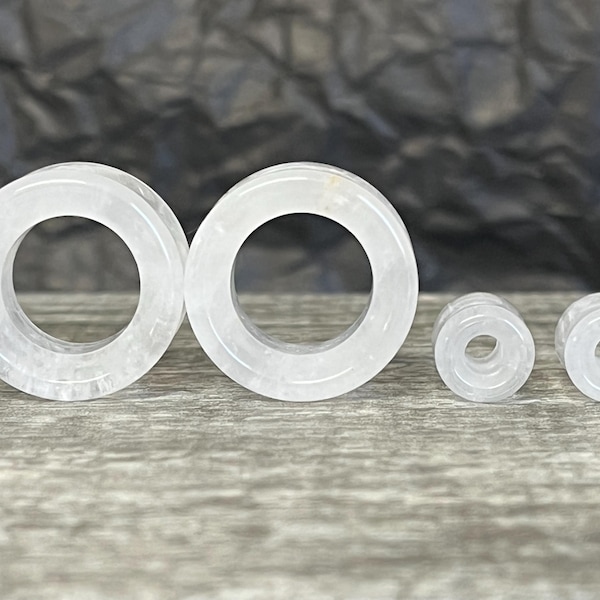 PAIR of Beautiful Clear Quartz Stone Tunnels Organic Stone Double Flare Plugs - Gauges 2g (6.5mm) thru 1" (25mm) available!