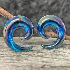 PAIR of Stunning Blue Lucifer Glass Spiral Taper Plugs - Expanders Gauges