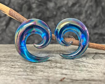 PAIR of Stunning Blue Lucifer Glass Spiral Taper Plugs - Expanders Gauges