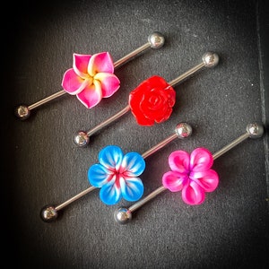 1 Piece Steel Industrial Barbell with Beautiful 3-D Flower - 1&1/2&quot; (38mm)  Body Jewelry