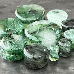 PAIR of Unique Mossy Forest Green Style Glass Double Flare Glass Plugs - Gauge 2g (6mm) thru 1&1/8&quot; (28mm) Available!