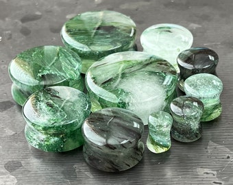 PAIR of Unique Mossy Forest Green Style Glass Double Flare Glass Plugs - Gauge 2g (6mm) thru 1&1/8" (28mm) Available!