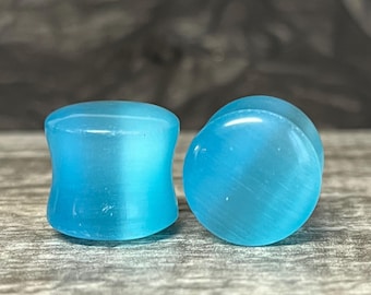PAIR of Stunning Light Blue Cat Eye Stone Plugs/Tunnels - Gauges "2g  (6mm) up to 5/8" (16mm) available!