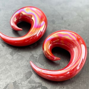 PAIR of Stunning Red Lucifer Glass Spiral Taper Plugs - Expanders Gauges