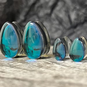 PAIR of Unique Midnight Moonstone Iridescent Double Flare Glass Teardrop Plugs - Gauges 2g (6mm) thru 1" (25mm) available!