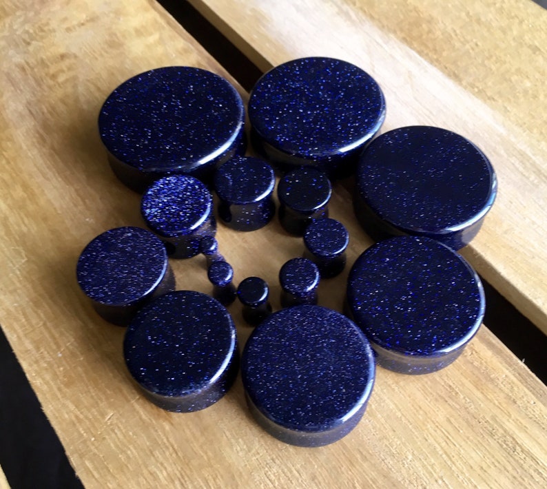 Gauges 8g 3mm available! 38mm PAIR of Blue Midnight Goldstone Stone Plugs Sandstone up to 1/&12
