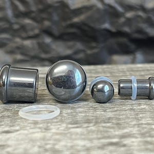 PAIR of Single Flare Hematite Stone Plugs with O-Rings - Gauges 6g (4mm) up to 5/8" (16mm) available!