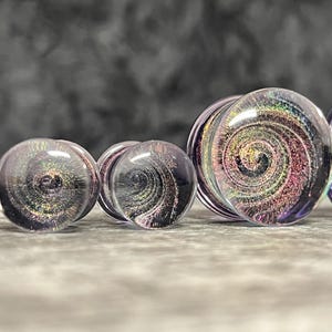 PAIR of Beautiful Lavender Sparkle Galaxy Swirl Design Pyrex Glass Plugs - Gauges 2g (6mm) through 1" (25mm) available!