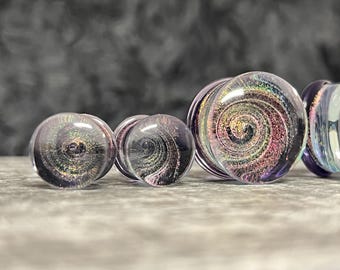 PAIR of Beautiful Lavender Sparkle Galaxy Swirl Design Pyrex Glass Plugs - Gauges 2g (6mm) through 1" (25mm) available!