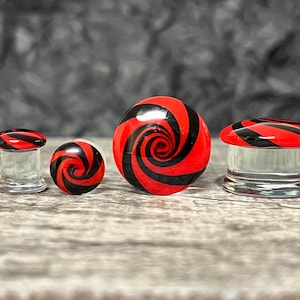 PAIR Red & Black Hypnotic Swirl Glass Double Flare Plugs Tunnels Gauges