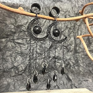 PAIR of Unique Black Filigree Moon Dangle Internally Threaded Dangle Steel Screw Fit Tunnels -Gauges 2g (6mm) thru 1" (25mm) Available!