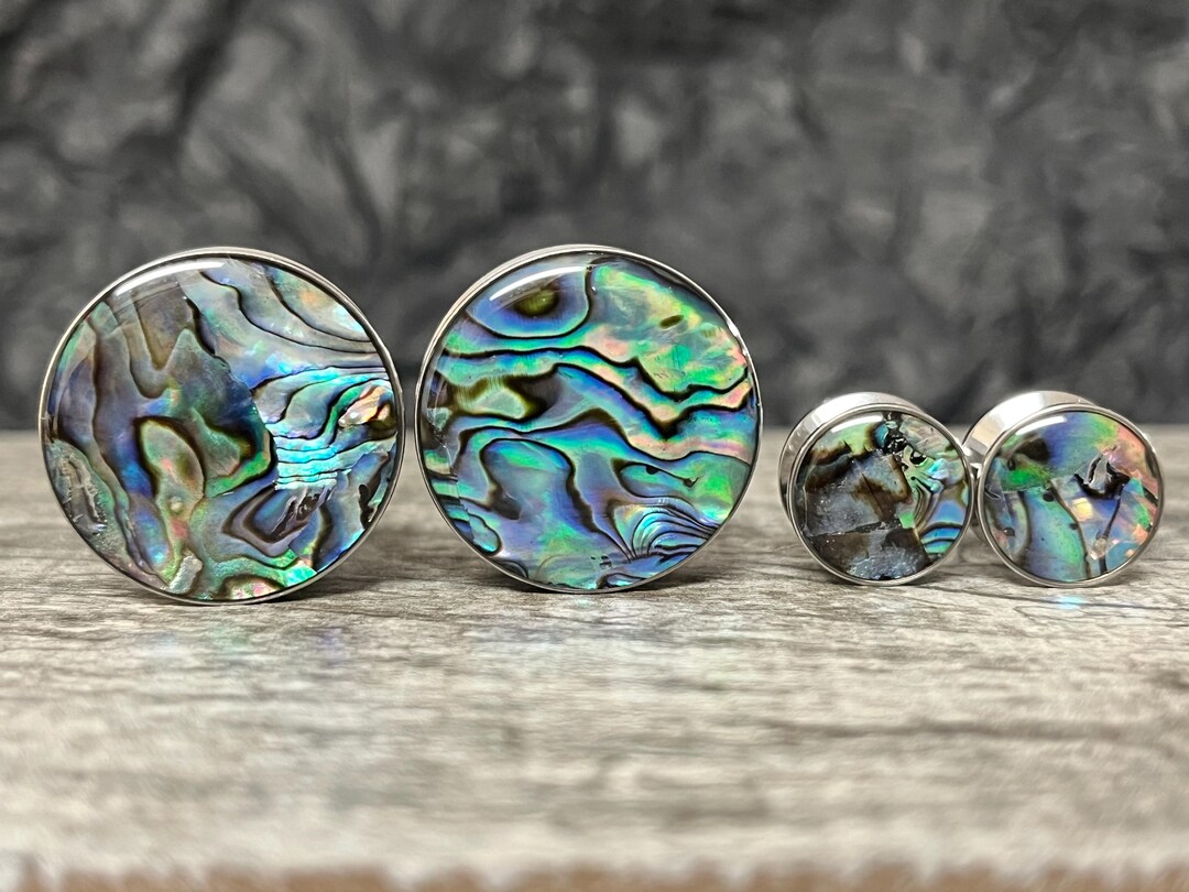 PAIR of Unique Abalone Inlay Steel Screw Fit Plugs - Gauges 8g (3.2mm ...