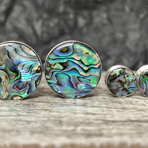 PAIR of Unique Abalone Inlay Steel Screw Fit Plugs - Gauges 8g (3.2mm) thru 1" (25mm) available!