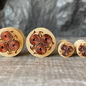 PAIR of Copper Wire Tribal Floral Design Wood Saddle Plugs Gauges Earlets