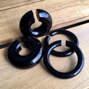 PAIR of Unique Organic Black Onyx Stone Hoops Ear Weight Hanging Plugs - Gauges  4g (5mm) up to 5/8&quot; (16mm) available!