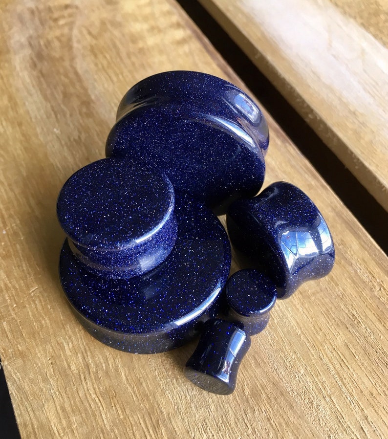 Gauges 8g 3mm available! 38mm PAIR of Blue Midnight Goldstone Stone Plugs Sandstone up to 1/&12