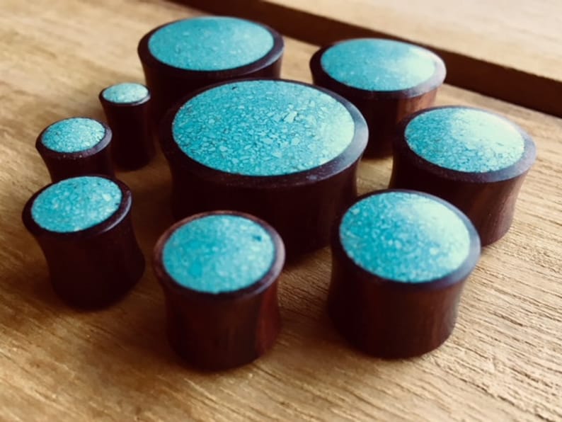 up to 1 PAIR of Crushed Turquoise Inlaid Wood Saddle Plugs Gauges 2g available! 25mm 6mm