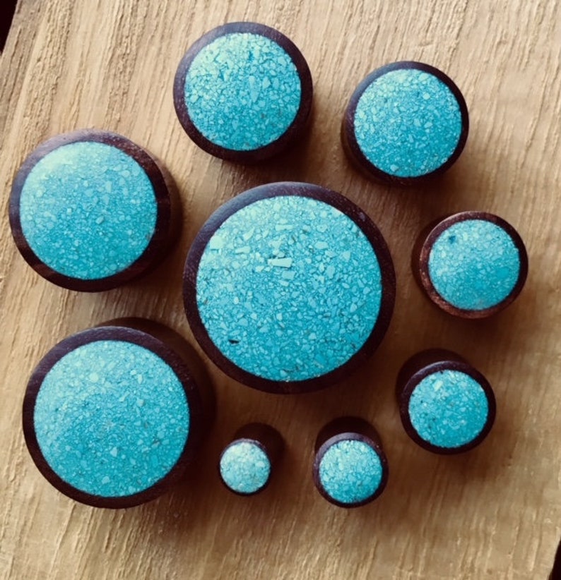 up to 1 PAIR of Crushed Turquoise Inlaid Wood Saddle Plugs Gauges 2g available! 25mm 6mm