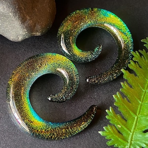 PAIR Green Glitter Foil Glass Spiral Tapers Expanders Plugs Gauges Body Jewelry