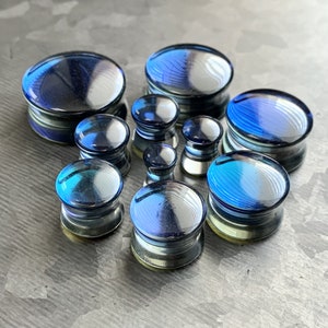 Pair Of Midnight Moonstone Iridescent Glass Teardrop Plugs | Double Flare Ear Gauges For Stretched Lobes