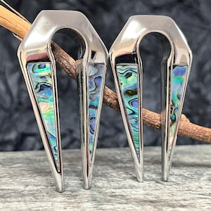 PAIR of Unique Abalone Shell Inlaid Surgical Steel Keyhole Ear Weight Hangers - Only 00g (10mm) available!