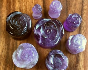 PAIR of Carved Organic Amethyst Stone Flower Double Flare Plugs - Gauges 2g thru 13/16"!