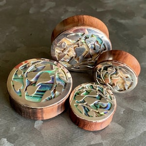 PAIR of Stunning Silver Leaves and Organic Abalone Shell Inlaid Sono Wood Saddle Plugs - Gauges 0000g (12mm) thru 1&3/8&quot; (34mm) available!