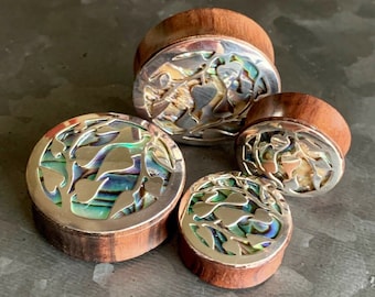 Lobal Domination Flower Of Life Wood Saddle Plugs Tunnels - Center Cut, Blonde Crocodile Wood - Pair