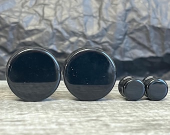 PAIR Black Flat Glass Double Flare Plugs Gauges Earlets Tunnels Body Jewelry