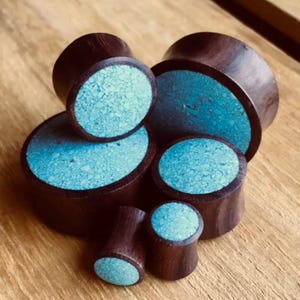 PAIR of Crushed Turquoise Inlaid Wood Saddle Plugs - Gauges 2g (6mm) up to 1&quot; (25mm) available!
