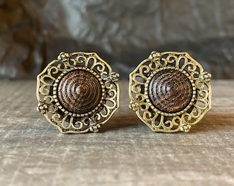 PAIR of Beautiful Antique Gold Plated Tribal Filigree Top Rose Wood  Saddle Plugs