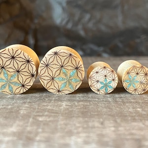 PAIR of Unique Crushed Turquoise Flower of Life Blonde Crocodile Wood Saddle Plugs - Gauges 0g (8mm) up to 7/8" (22mm) available!