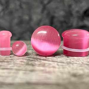 PAIR Pink Cat Eye Stone Plugs Single Flare Tunnels Earlets Gauges Body Jewelry