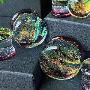 PAIR of Unique Purple Dichroic Glass Double Flare Plugs - Gauges 2g (6mm) through 3/4&quot; (19mm) available!
