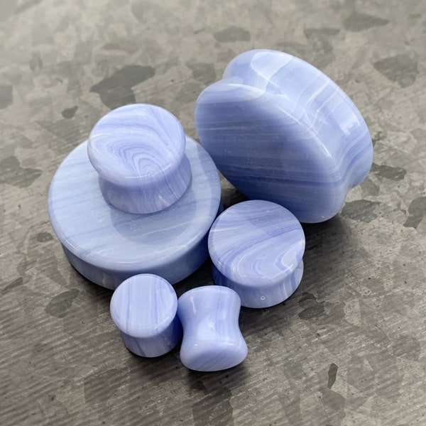 Pair of Unique Blue Lace Agate Stone Double Flare Plugs - Gauges 2g(6.5mm) through 1&1/4"(32mm) available!